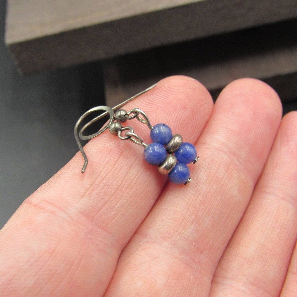 Sterling Tiny Rustic Blue Ball Stone Earrings - image 2
